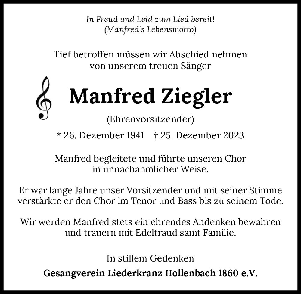 Traueranzeige für Manfred Ziegler vom 29.12.2023 aus GESAMT