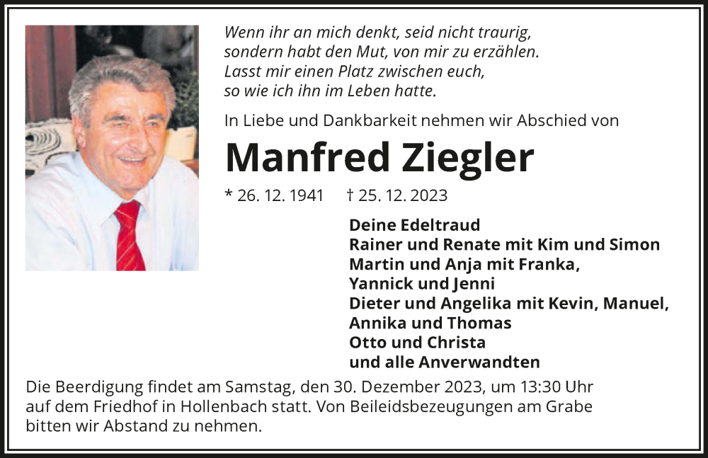  Traueranzeige für Manfred Ziegler vom 29.12.2023 aus GESAMT