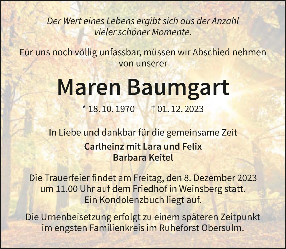  Traueranzeige für Maren Baumgart vom 06.12.2023 aus GESAMT