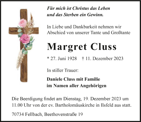 Traueranzeige von Margret Cluss von GESAMT
