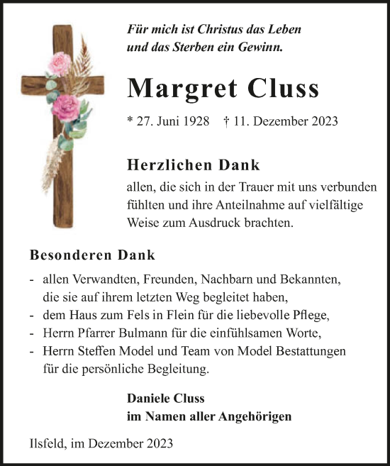 Traueranzeige von Margret Cluss von GESAMT