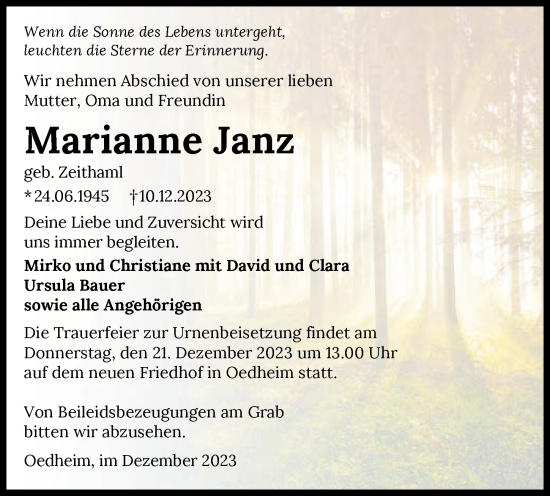 Traueranzeige von Marianne Janz von GESAMT