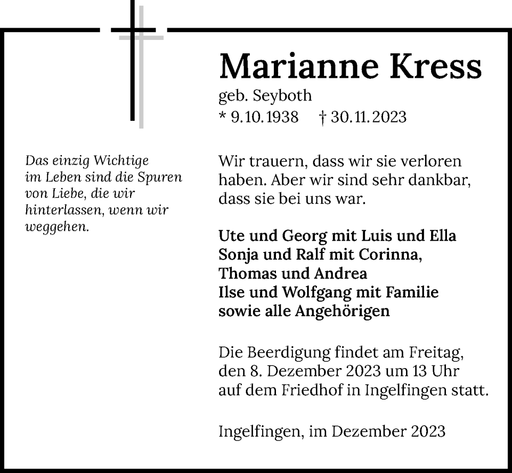  Traueranzeige für Marianne Kress vom 05.12.2023 aus GESAMT