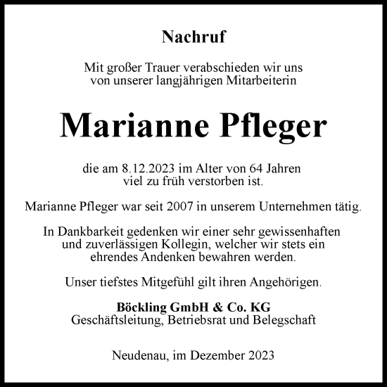 Traueranzeige von Marianne Pfleger von GESAMT