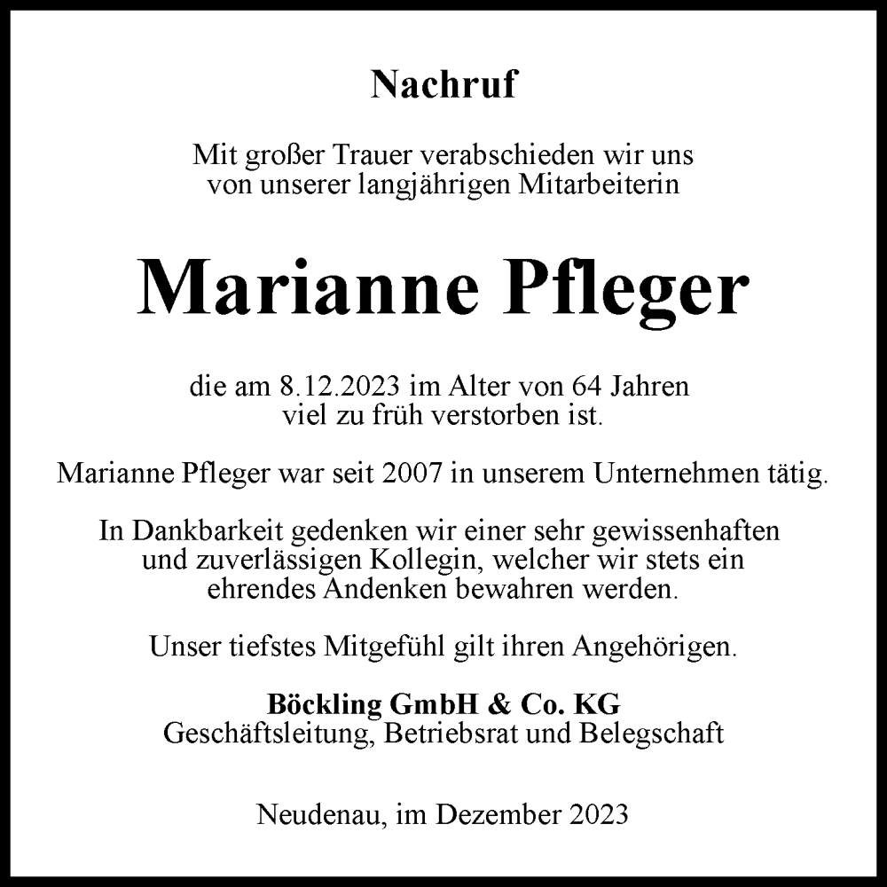  Traueranzeige für Marianne Pfleger vom 16.12.2023 aus GESAMT