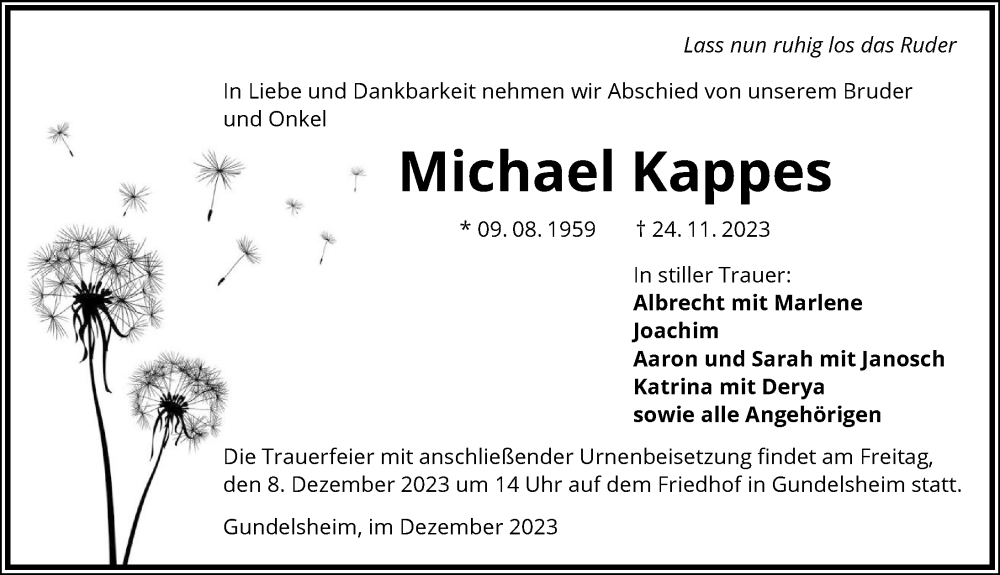 Traueranzeige für Michael Kappes vom 02.12.2023 aus GESAMT