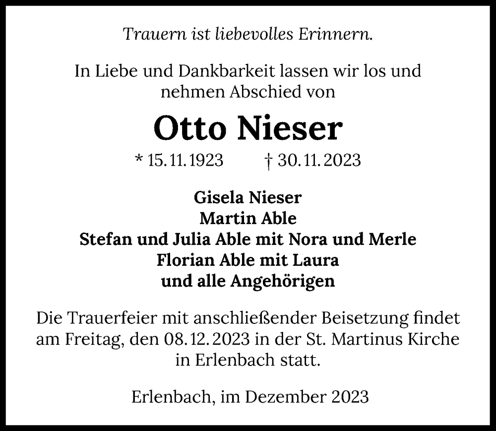 Traueranzeige für Otto Nieser vom 06.12.2023 aus GESAMT