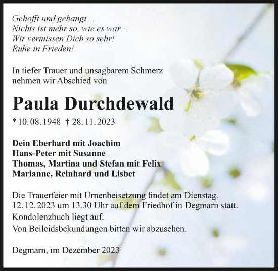 Traueranzeige von Paula Durchdewald von GESAMT