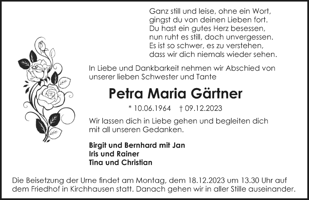  Traueranzeige für Petra Maria Gärtner vom 13.12.2023 aus GESAMT