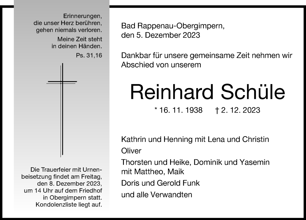  Traueranzeige für Reinhard Schüle vom 05.12.2023 aus GESAMT