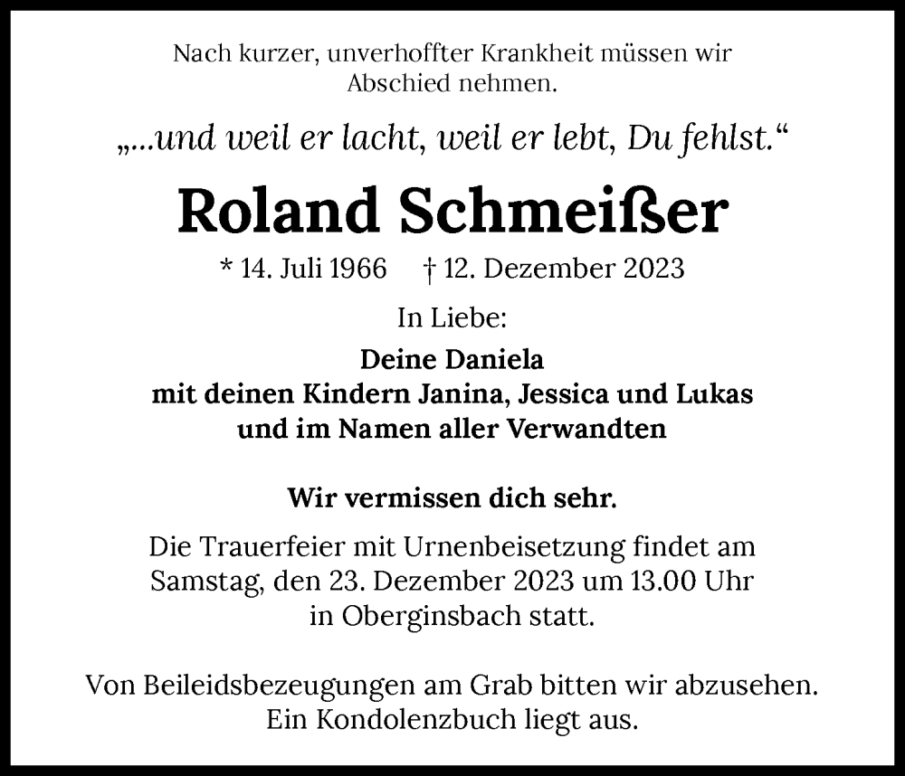  Traueranzeige für Roland Schmeißer vom 20.12.2023 aus GESAMT
