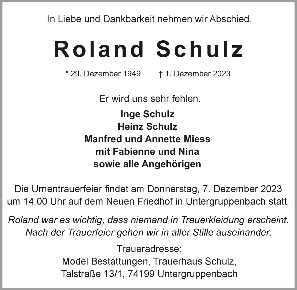  Traueranzeige für Roland Schulz vom 05.12.2023 aus GESAMT