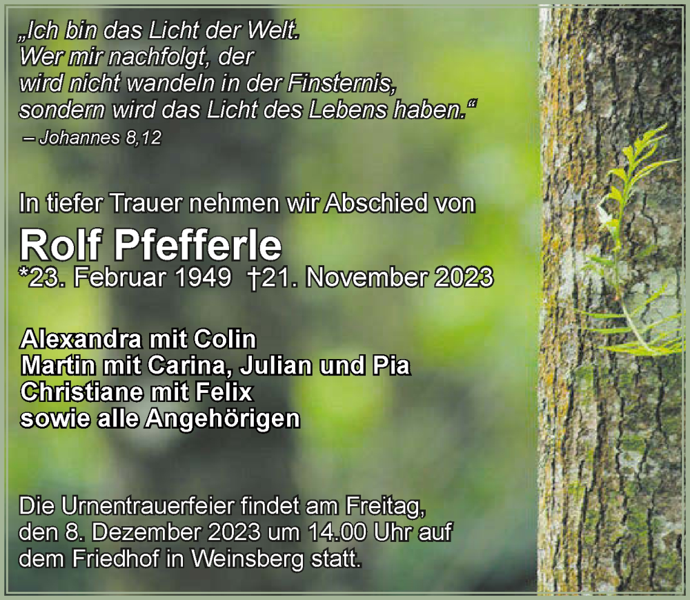  Traueranzeige für Rolf Pfefferle vom 02.12.2023 aus GESAMT