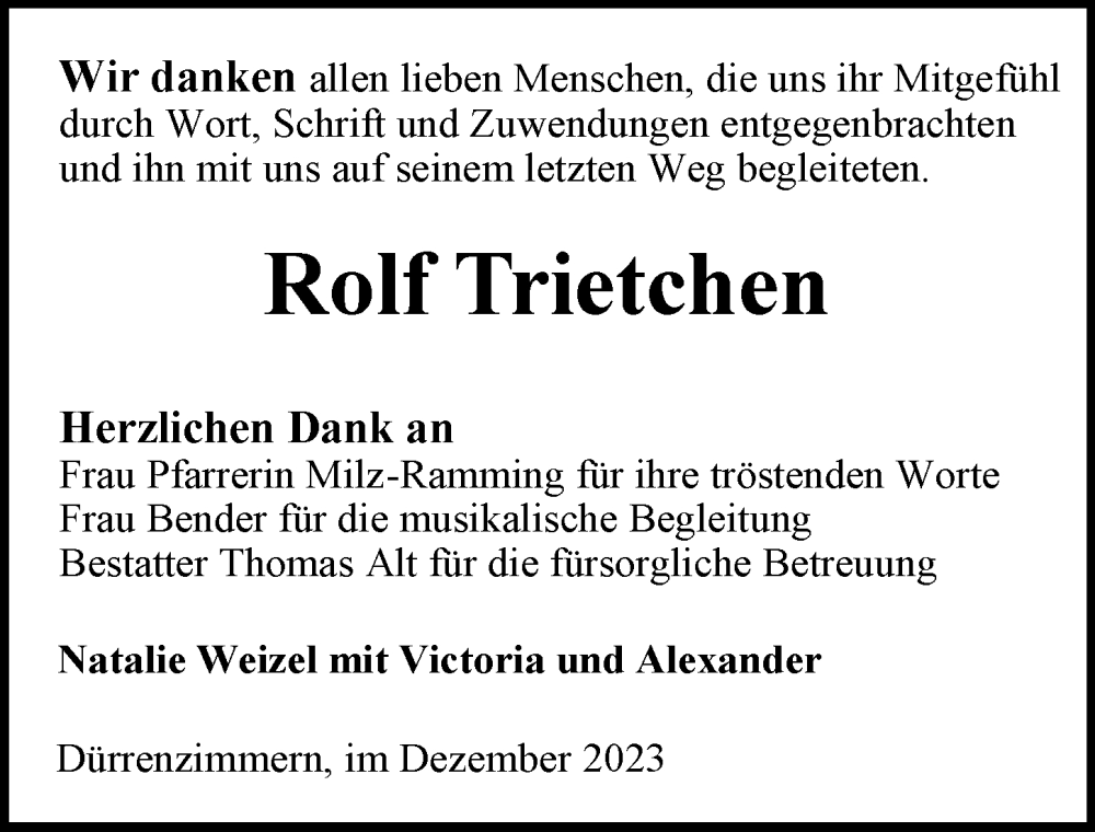  Traueranzeige für Rolf Trietchen vom 16.12.2023 aus GESAMT