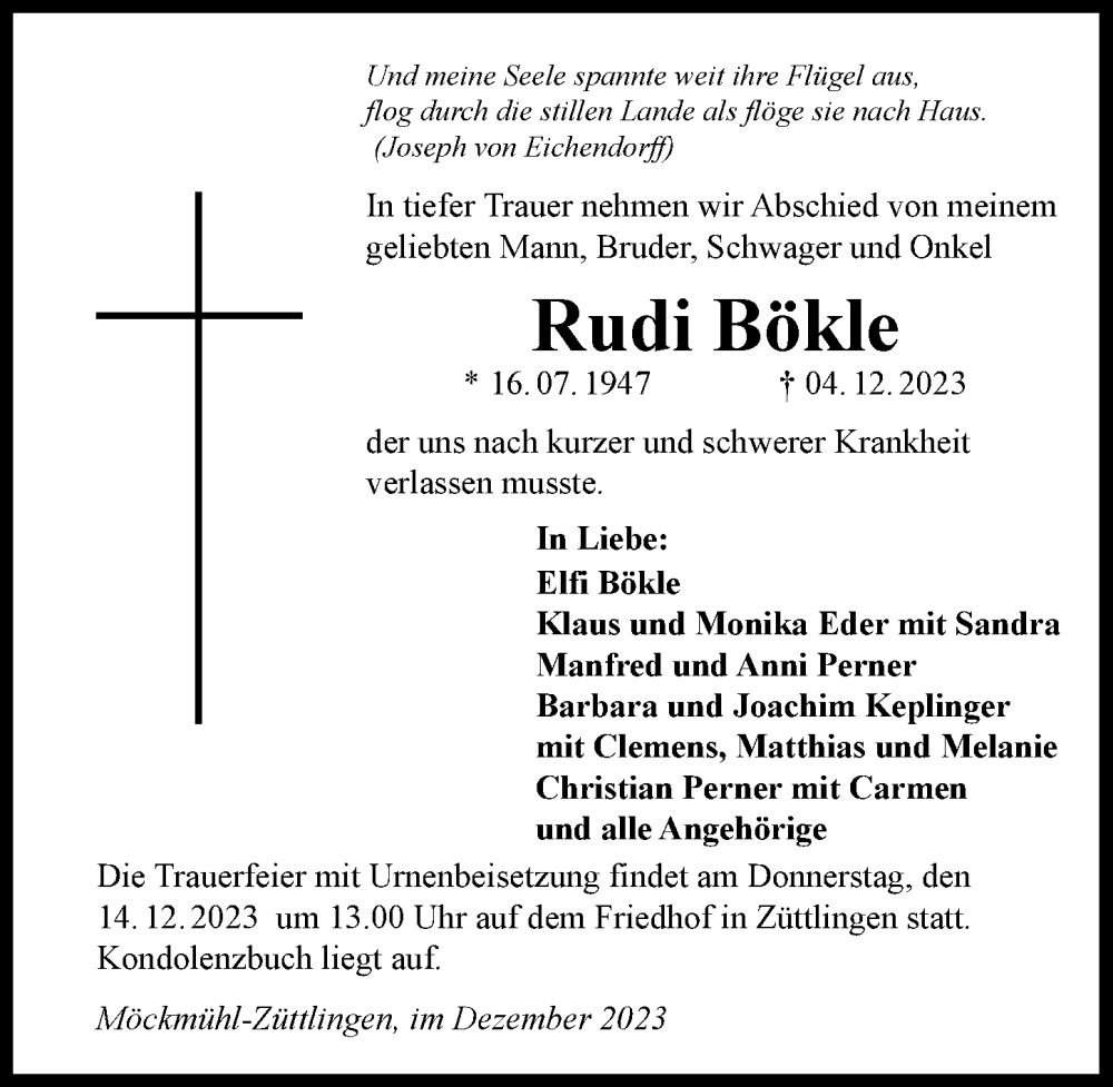  Traueranzeige für Rudi Bökle vom 09.12.2023 aus GESAMT