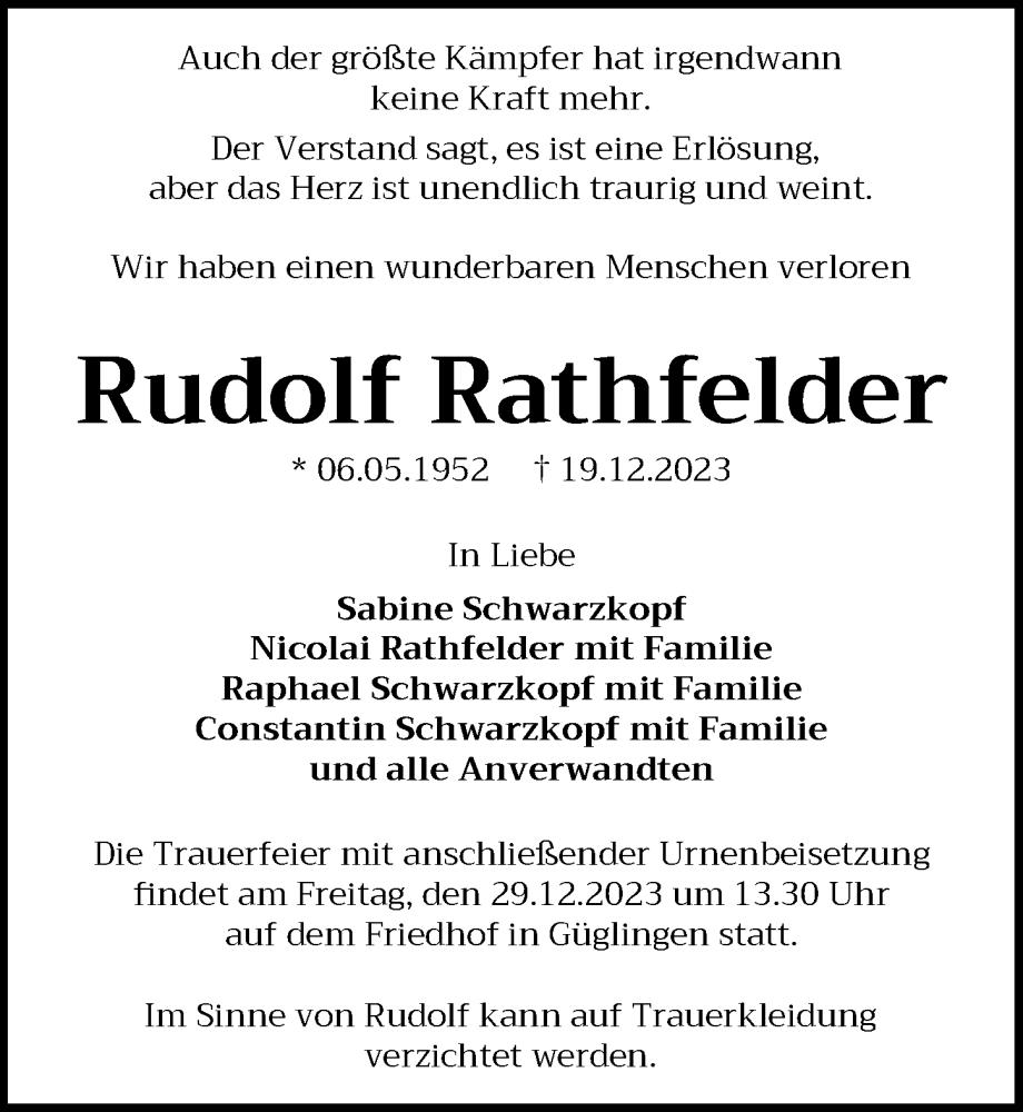  Traueranzeige für Rudolf Rathfelder vom 23.12.2023 aus GESAMT