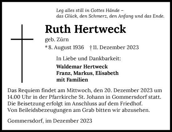Traueranzeige von Ruth Hertweck von GESAMT