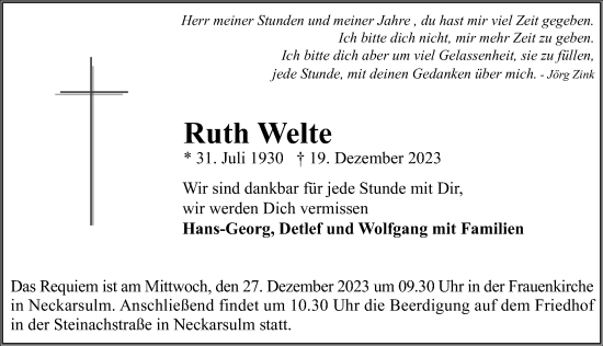 Traueranzeige von Ruth Welte von GESAMT