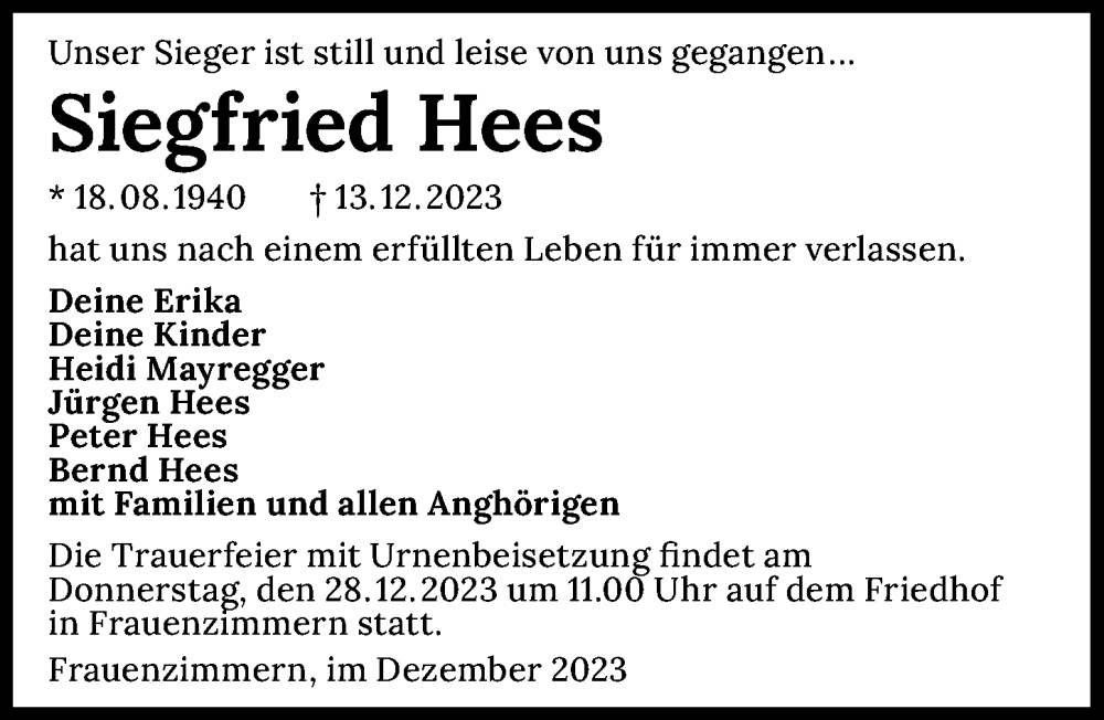  Traueranzeige für Siegfried Hees vom 23.12.2023 aus GESAMT