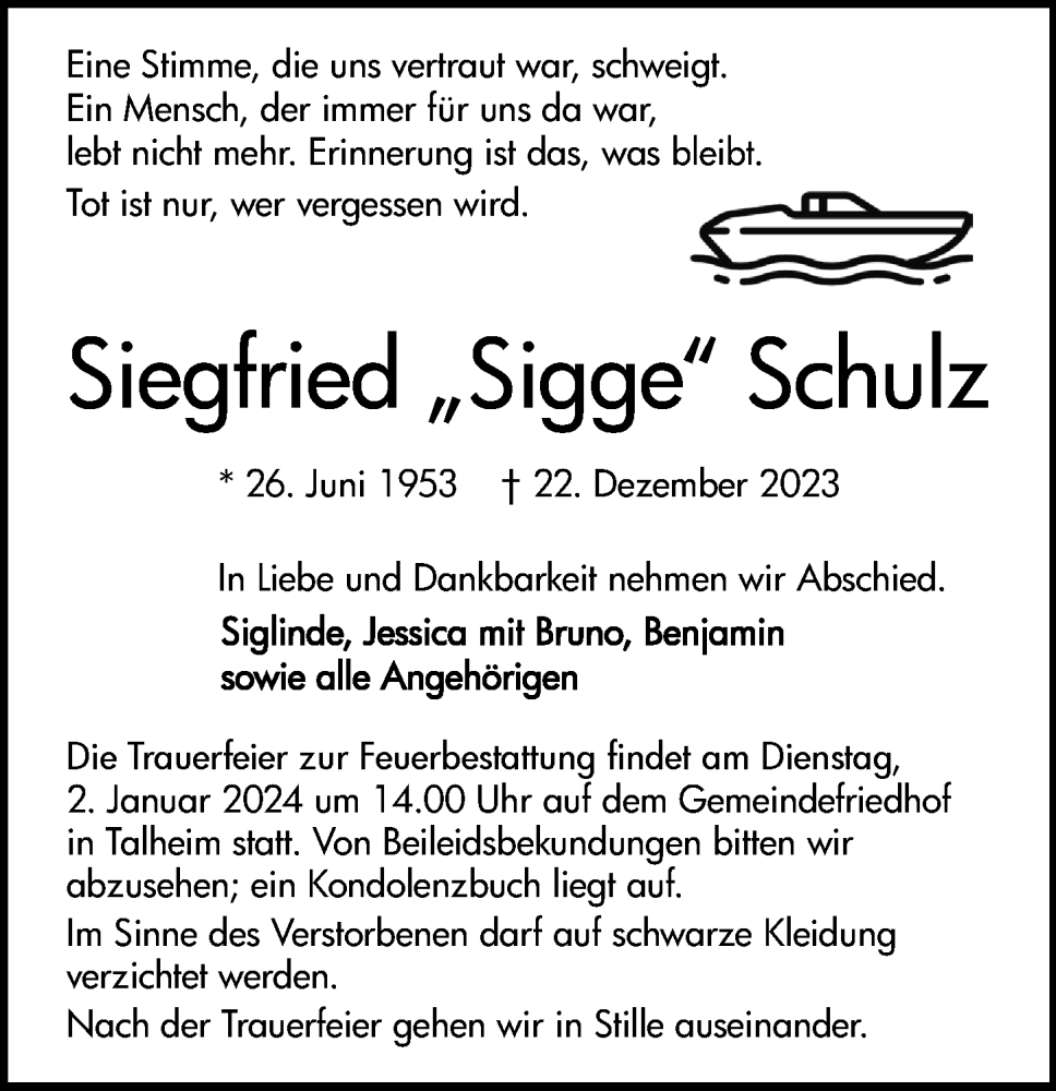  Traueranzeige für Siegfried Schulz vom 30.12.2023 aus GESAMT