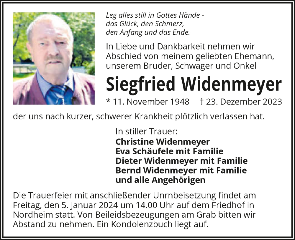  Traueranzeige für Siegfried Widenmayer vom 30.12.2023 aus GESAMT