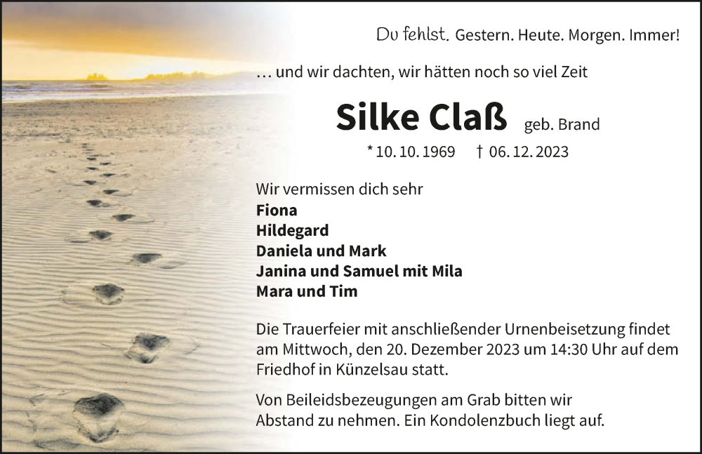  Traueranzeige für Silke Claß vom 16.12.2023 aus GESAMT