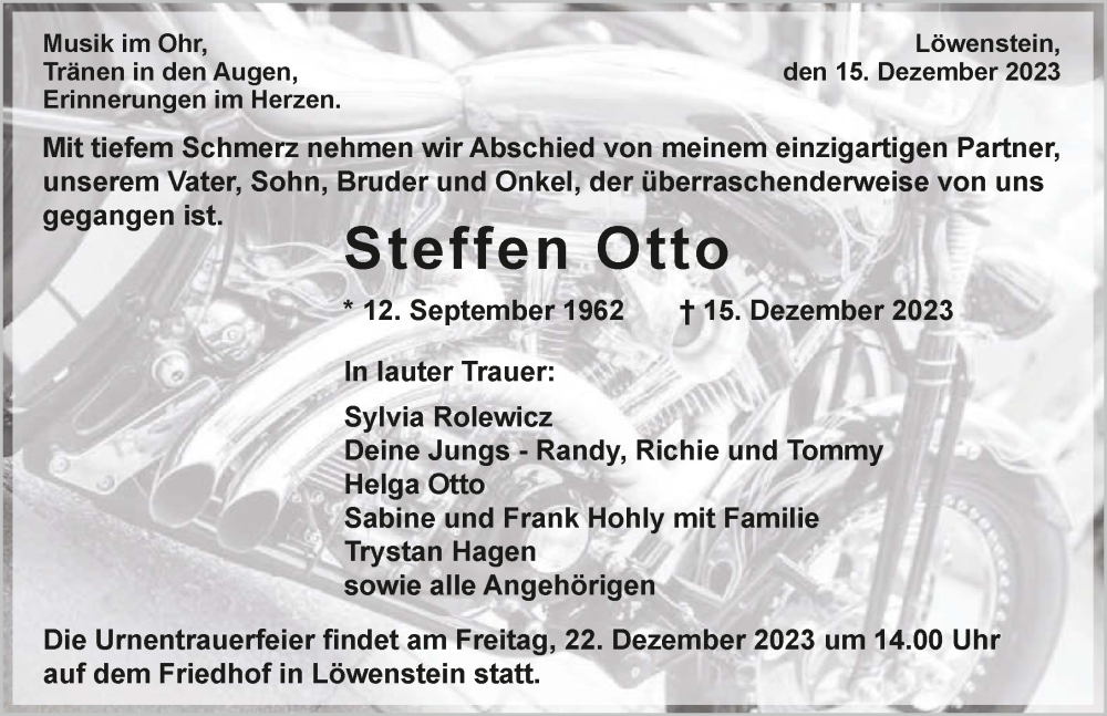 Traueranzeige für Steffen Otto vom 19.12.2023 aus GESAMT