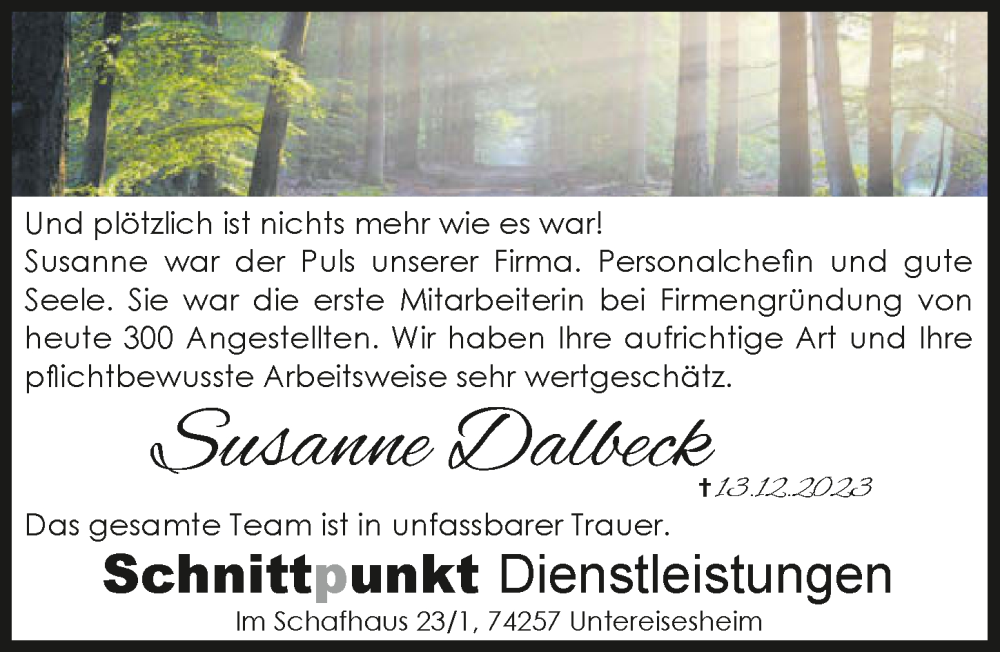 Traueranzeige für Susanne Dalbeck vom 20.12.2023 aus GESAMT