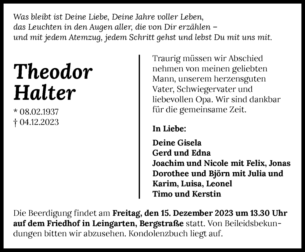  Traueranzeige für Theodor Halter vom 12.12.2023 aus GESAMT