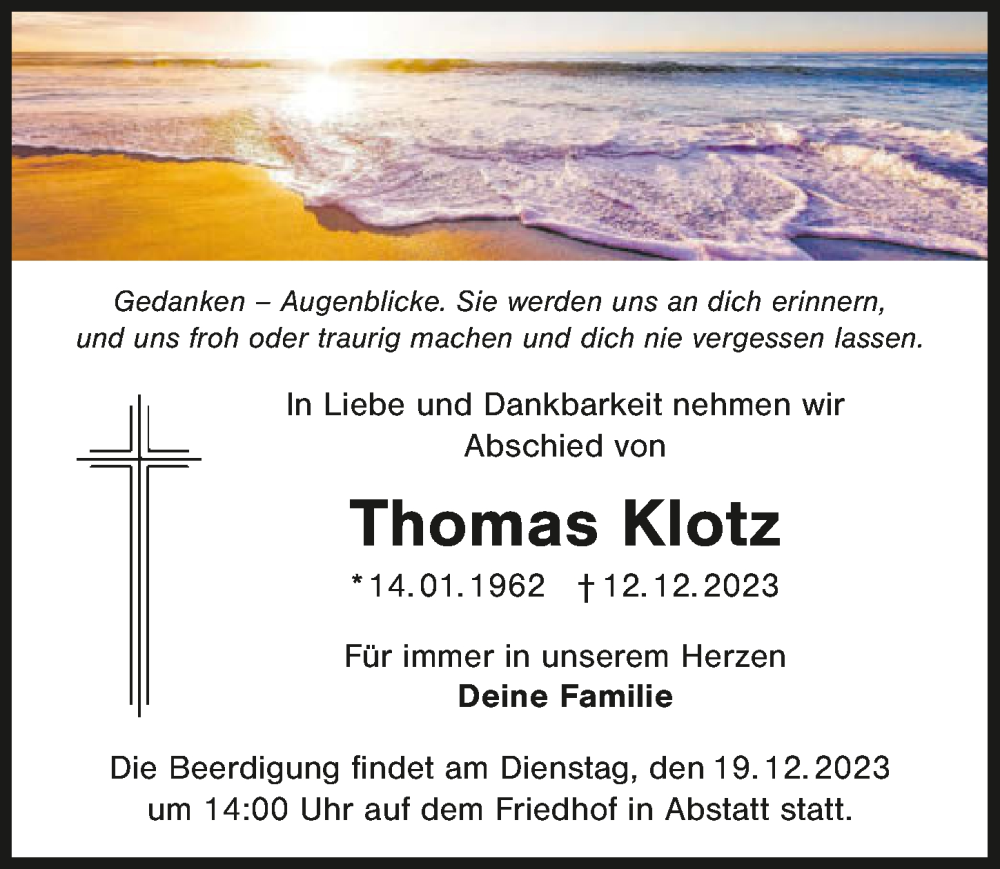  Traueranzeige für Thomas Klotz vom 14.12.2023 aus GESAMT