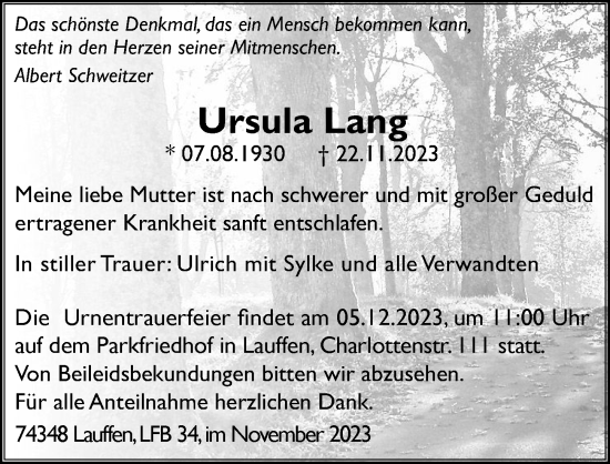 Traueranzeige von Ursula Lang von GESAMT