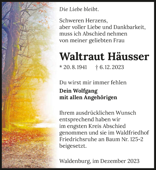 Traueranzeige von Waltraut Häusser von GESAMT