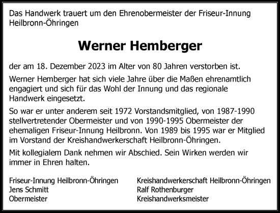Traueranzeige von Werner Hemberger von GESAMT