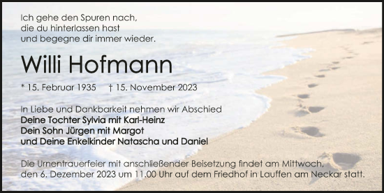 Traueranzeige von Willi Hofmann von GESAMT
