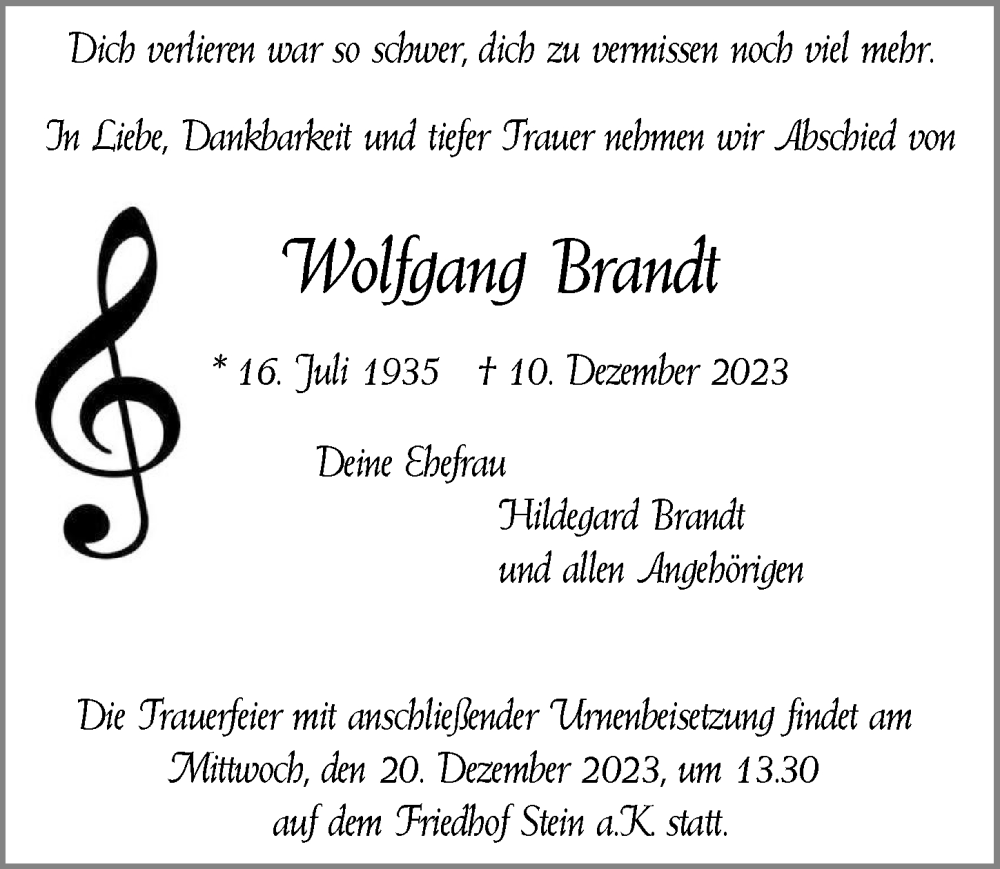  Traueranzeige für Wolfgang Brandt vom 19.12.2023 aus GESAMT