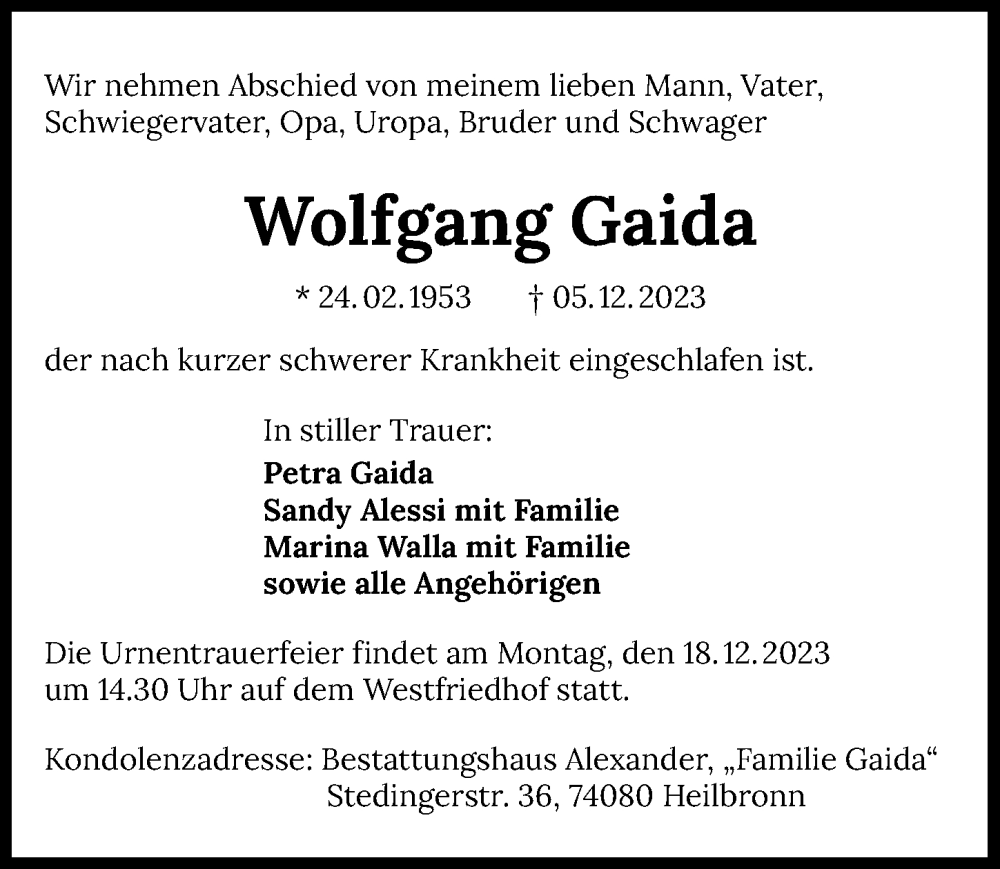  Traueranzeige für Wolfgang Gaida vom 09.12.2023 aus GESAMT
