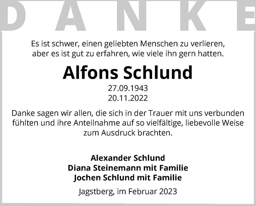  Traueranzeige für Alfons Schlund vom 11.02.2023 aus GESAMT