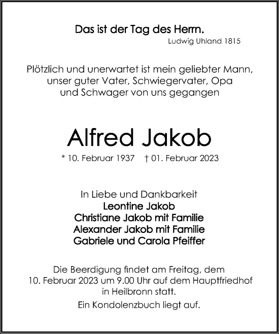 Traueranzeige von Alfred Jakob von GESAMT