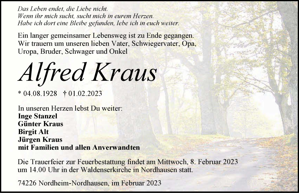  Traueranzeige für Alfred Kraus vom 04.02.2023 aus GESAMT