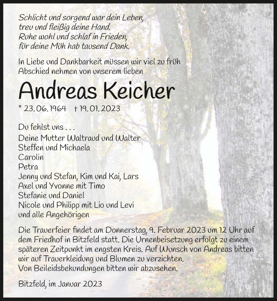  Traueranzeige für Andreas Keicher vom 04.02.2023 aus GESAMT