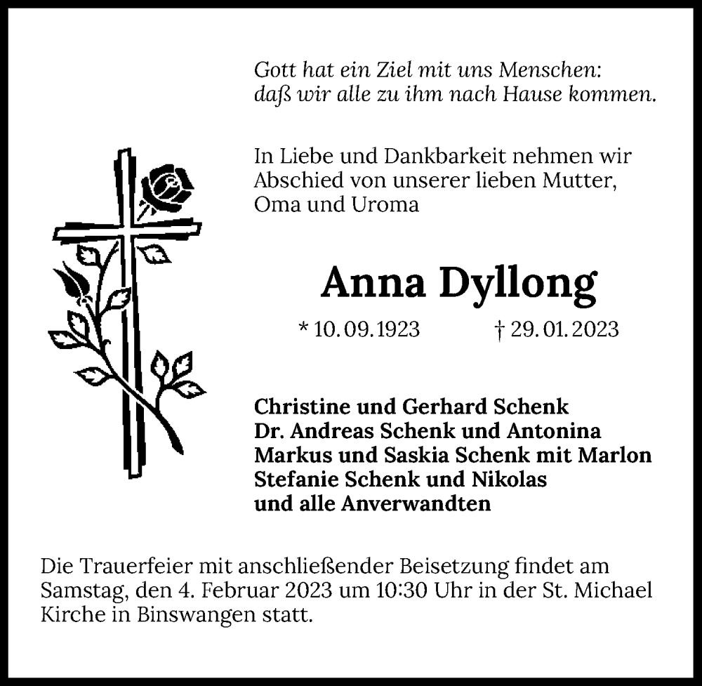  Traueranzeige für Anna Dyllong vom 02.02.2023 aus GESAMT