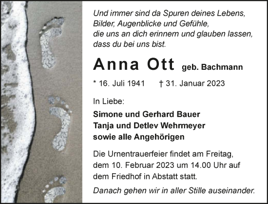 Traueranzeige von Anna Ott von GESAMT
