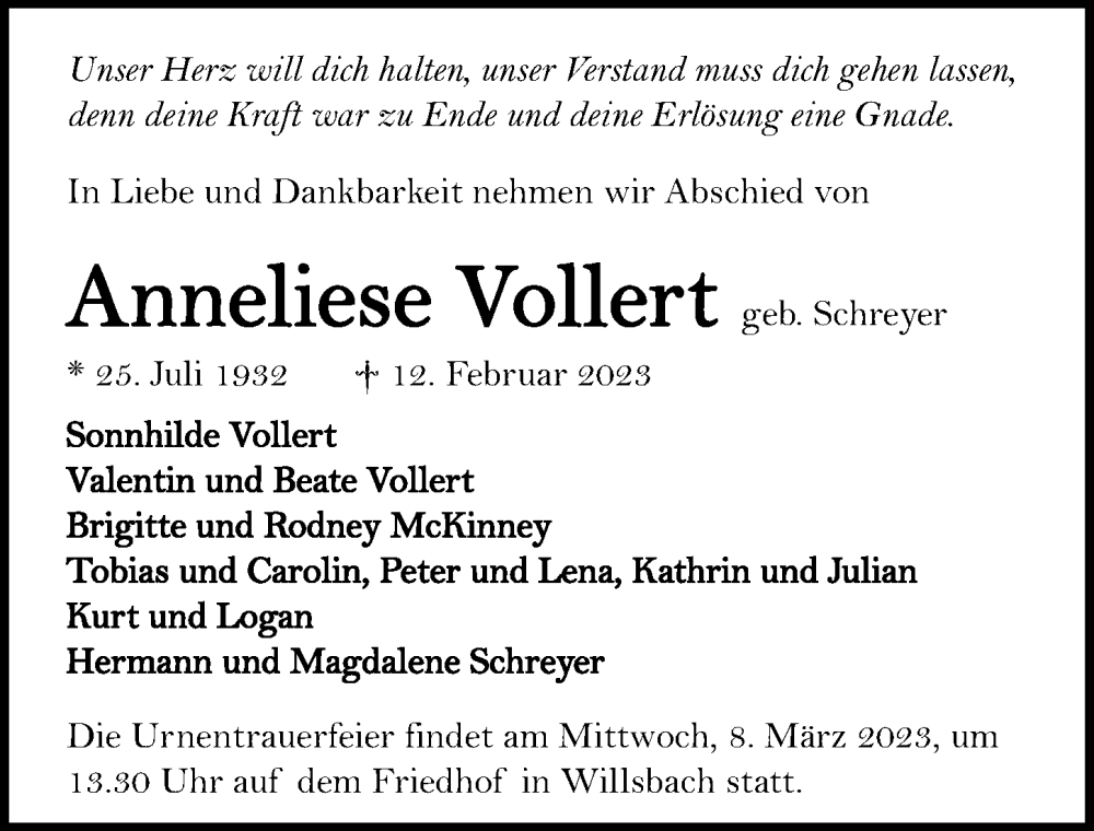  Traueranzeige für Anneliese Vollert vom 16.02.2023 aus GESAMT