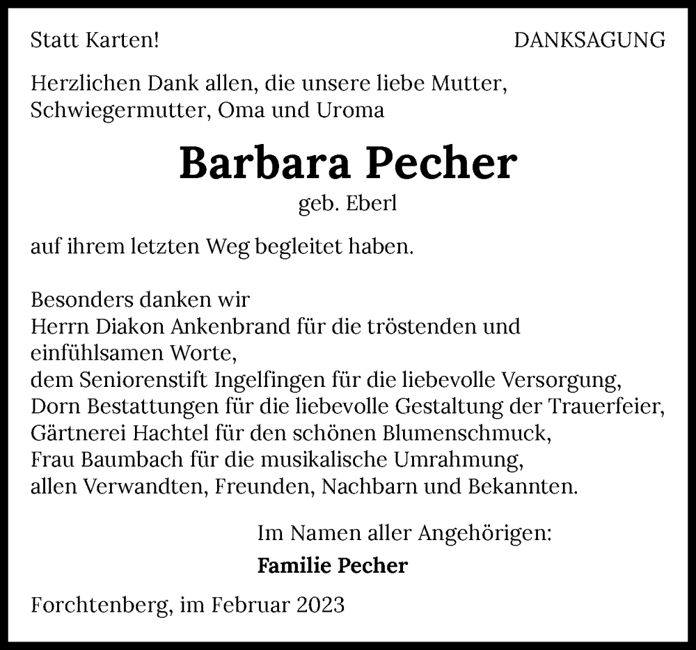  Traueranzeige für Barbara Pecher vom 07.02.2023 aus GESAMT