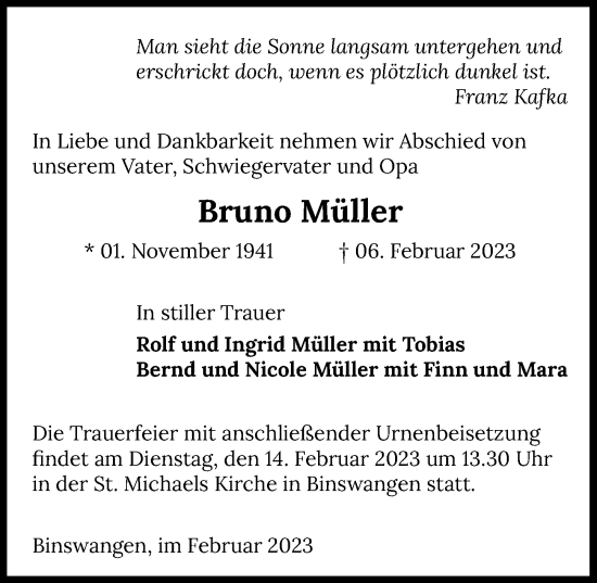 Traueranzeige von Bruno Müller von GESAMT