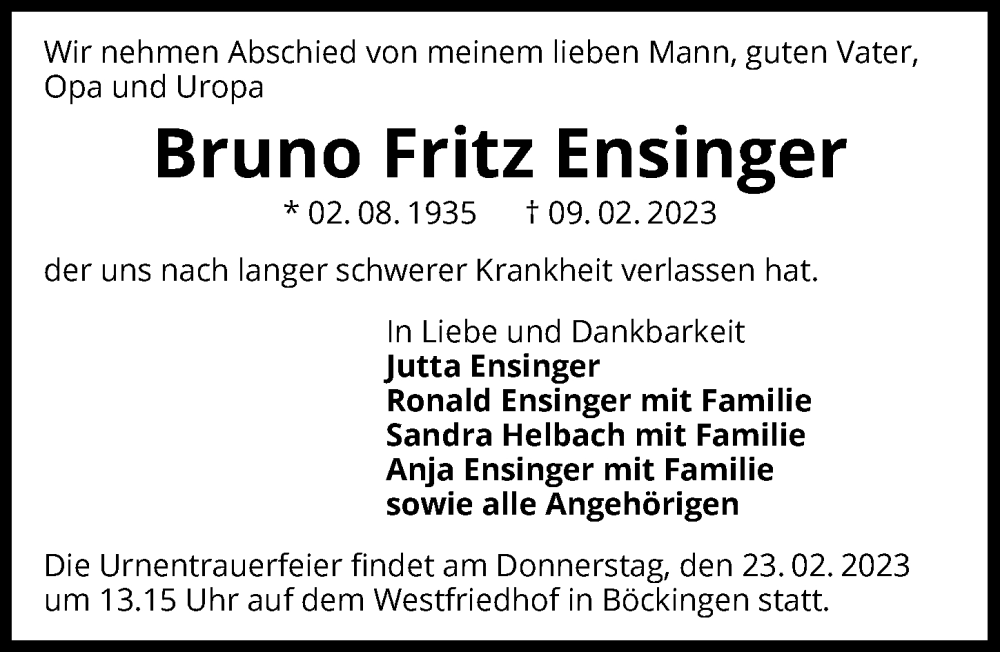  Traueranzeige für Bruno Fritz Ensinger vom 18.02.2023 aus GESAMT