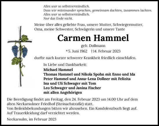 Traueranzeige von Carmen Hammel von GESAMT