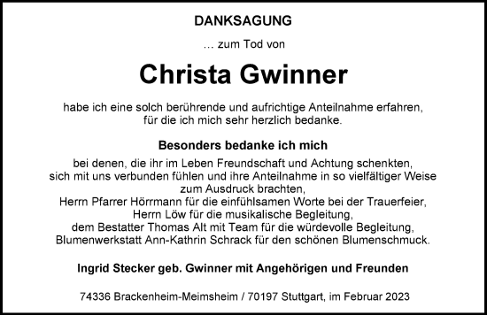 Traueranzeige von Christa Gwinner von GESAMT
