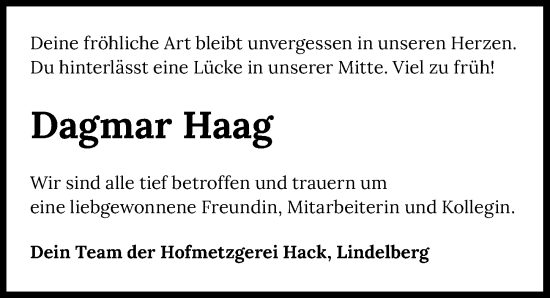 Traueranzeige von Dagmar Haag von GESAMT