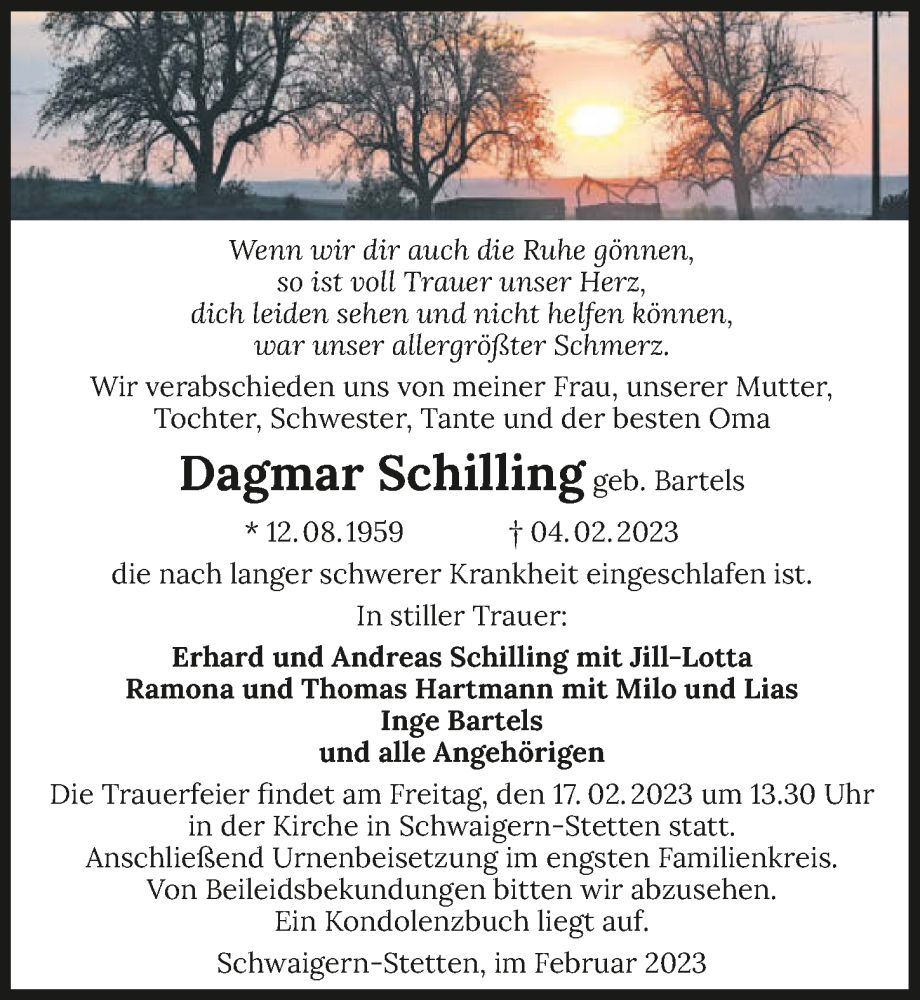  Traueranzeige für Dagmar Schilling vom 10.02.2023 aus GESAMT
